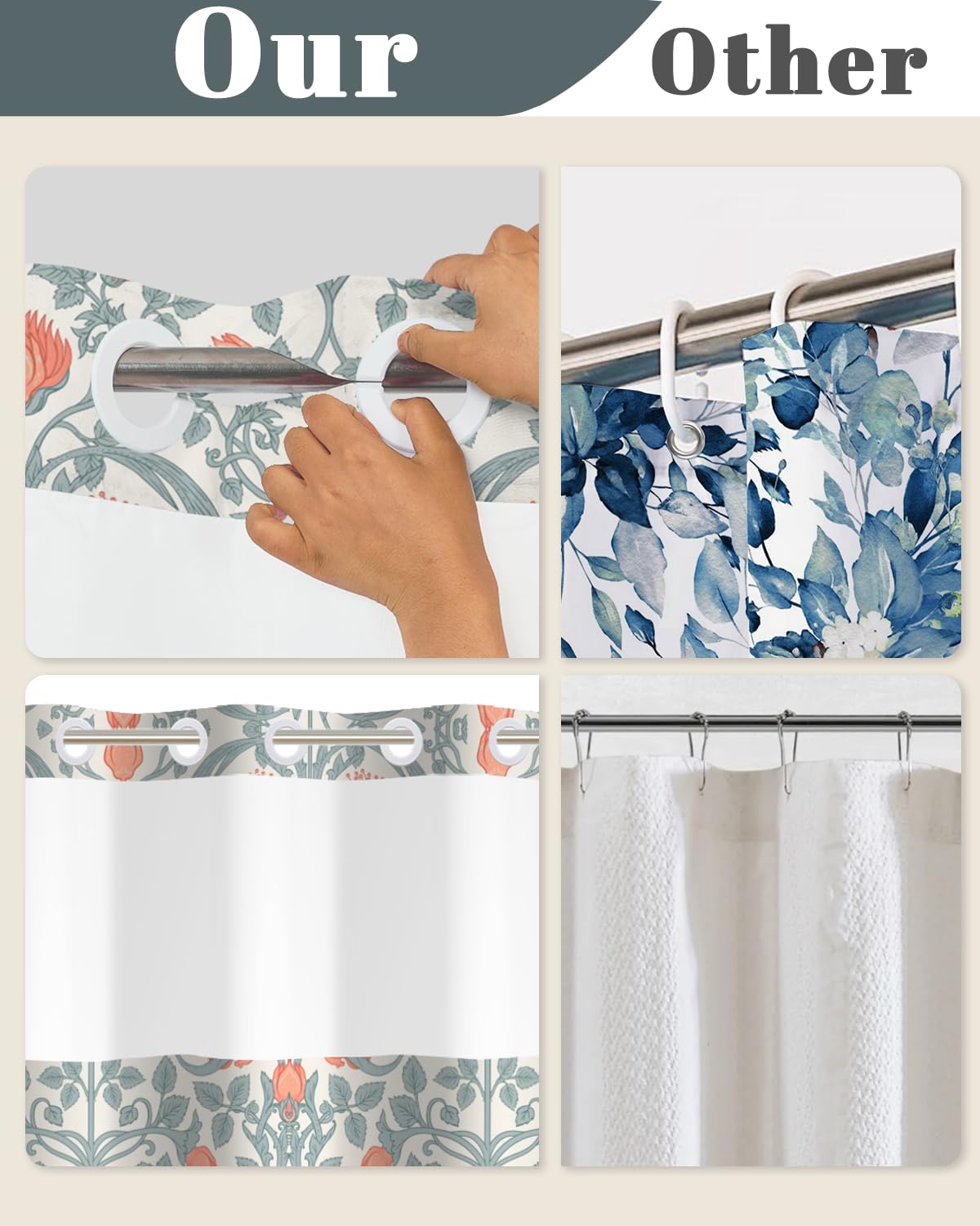Floral Shower Curtain with Snap in Removable Liner (Retro Floral)