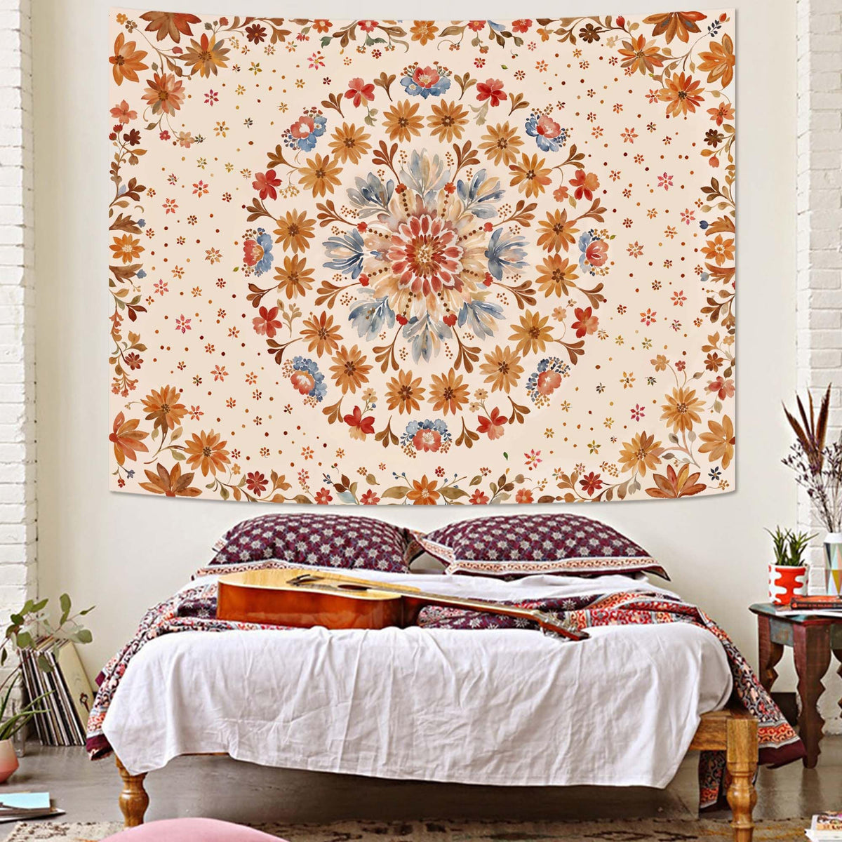 Boho Floral Mandala Tapestry Wall Hanging Watercolor Bohemian Flower Medallion Tapestry Aesthetic Beige Orange Hippie Indian Small Tapestries for Bedroom Living Room Dorm Decor 60 x 44 Inch (Beige Orange / 60"L x 44"W)
