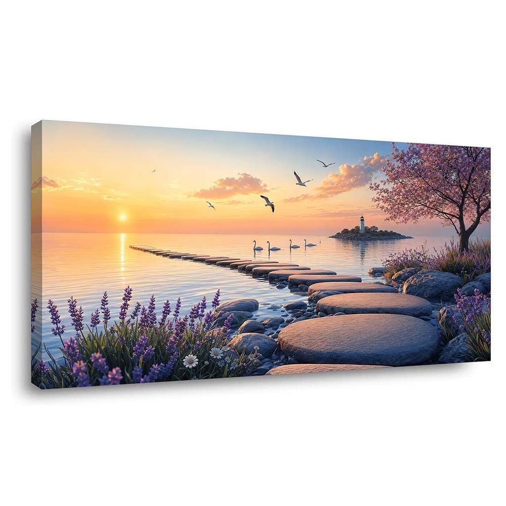 Tranquil Sunset Seascape Canvas Wall Art Stepping Stones to Island Lighthouse Painting Flat Print Spring Cherry Blossom Lavender Picture Gallery Wrapped Artwork for Living Room Bedroom Bathroom Decor (Coastal / Lavender Lighthouse Sea 38 / 40"L x 20"W)