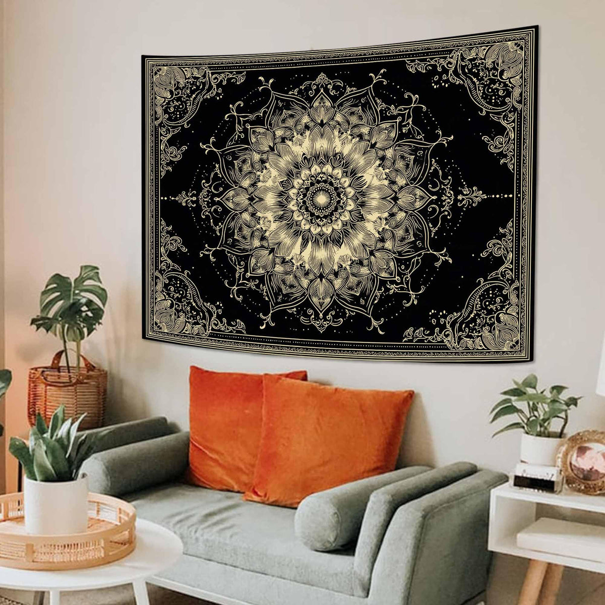 Golden Outline Mandala Tapestry (80"L x 60"W / Red)