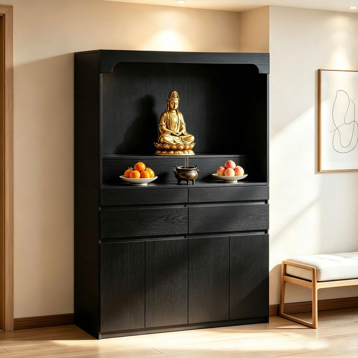 Altar Table Pooja Cabinet with Drawers and Storage Cabinets (51.2×15.7×65.4in / Black)
