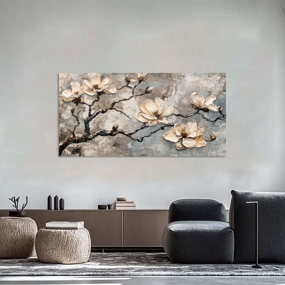 White Magnolia Canvas Wall Art Floral Branch Painting Grey Abstract Faux Texture Flat Print Gallery Wrapped Artwork for Living Room Bedroom Bathroom Decor (Bohemian / White Magnolia Blossoms 4 / 46"L x 23"W)