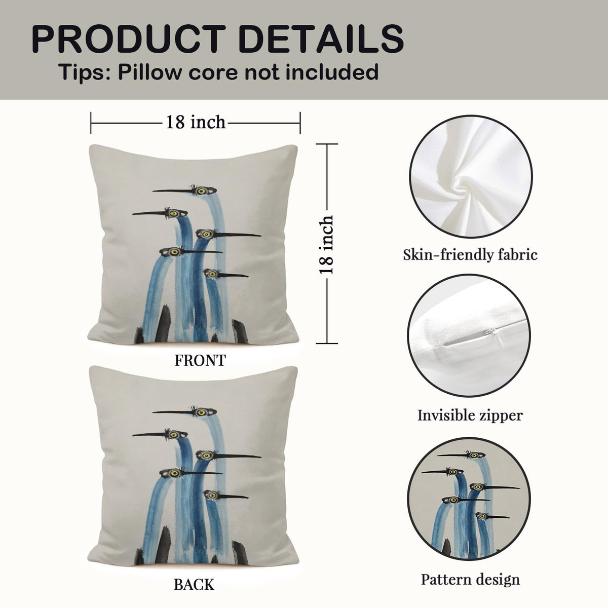 Japanese Crane Pillow Cover 18x18 (White-blue Heron Bird 19)
