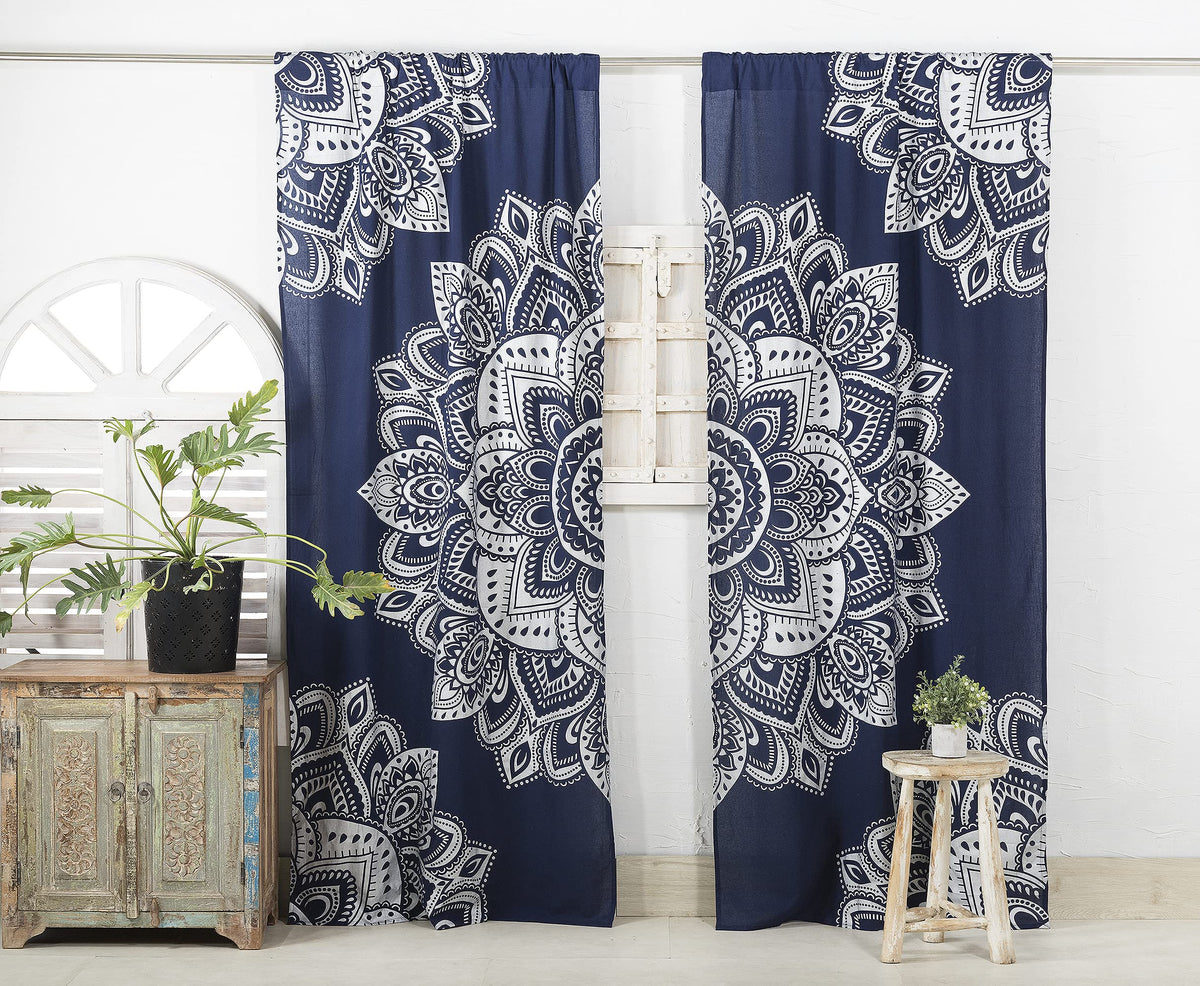 Printed Curtains for Living Room Indian Hippie Bohemian Beautiful Ombre Silver Color Mandala Curtain for Bedroom Panels (38"W x 83"L (Pack of 2) / Blue Silver_f)