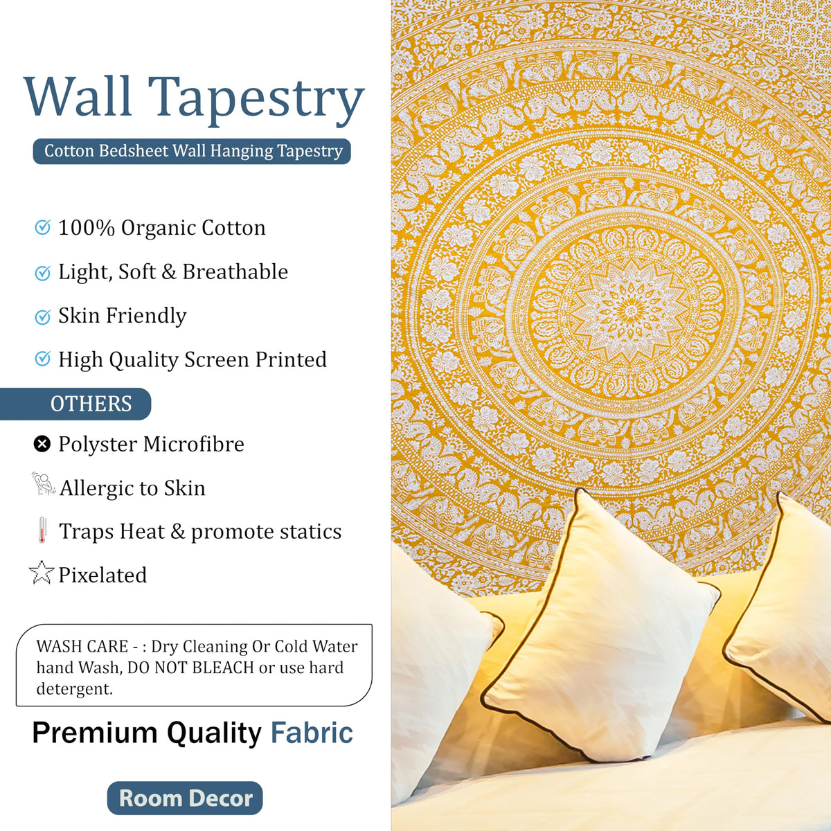 Cotton Mandala Tapestry (Yellow / 50"L x 60"W)
