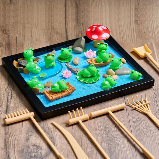 Zen Garden Kit for Table Decor Christmas Sand Zen Garden Gifts Mini Sandbox Set with Black Wooden Tray (Frog)