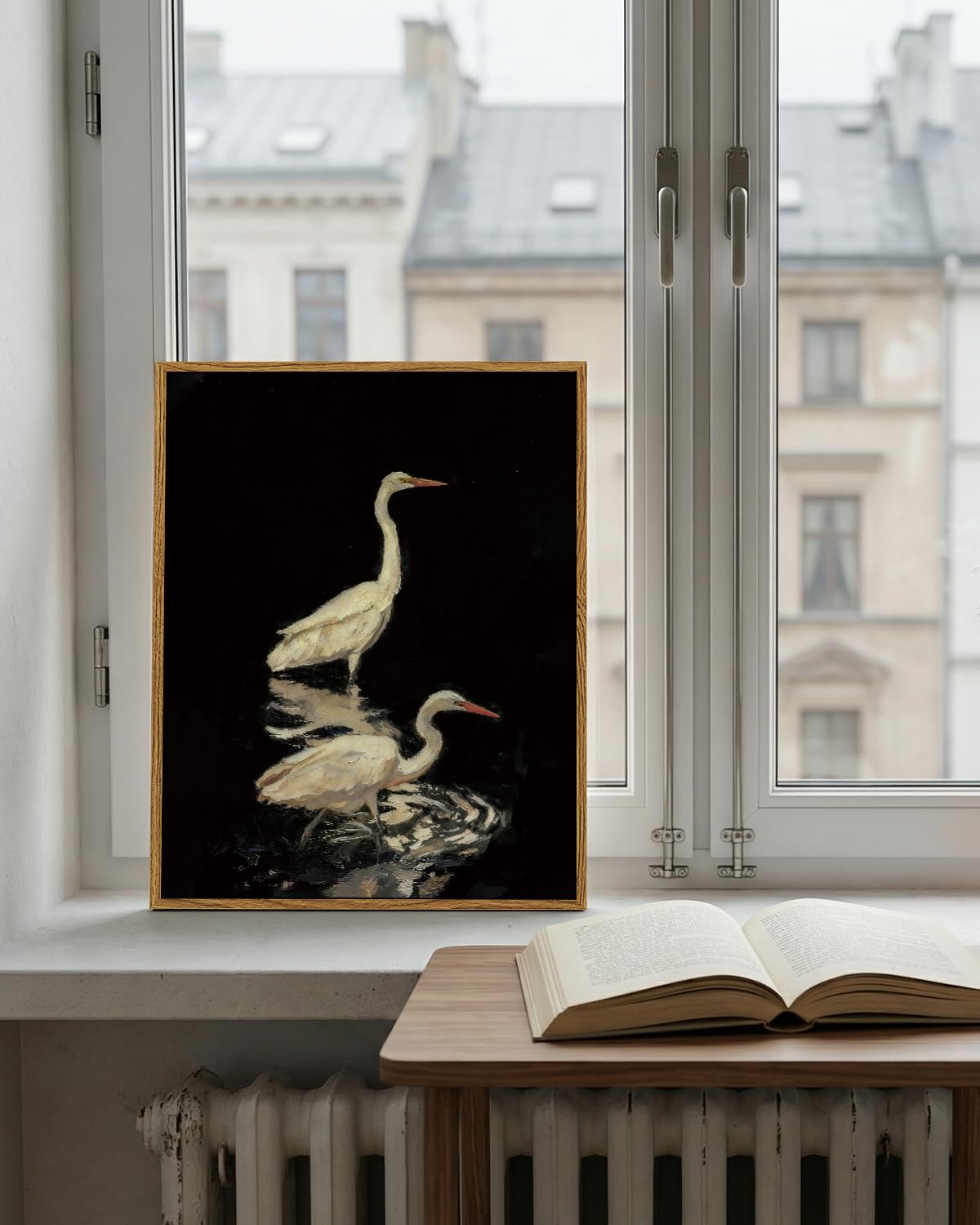 Elegant Heron Crane Wall Art Framed 12''x16'' Canvas Print (Two Cranes in Water / 16"L x 12"W)