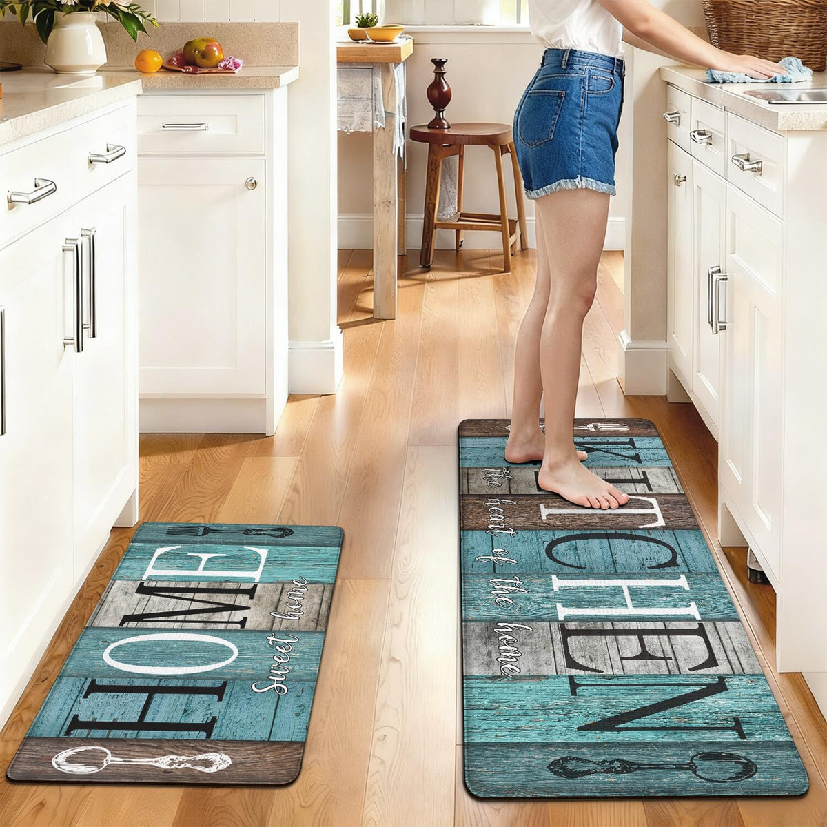 Anti Fatigue Farmhouse Kitchen Rugs Set of 2 (Sweet Home-blue)