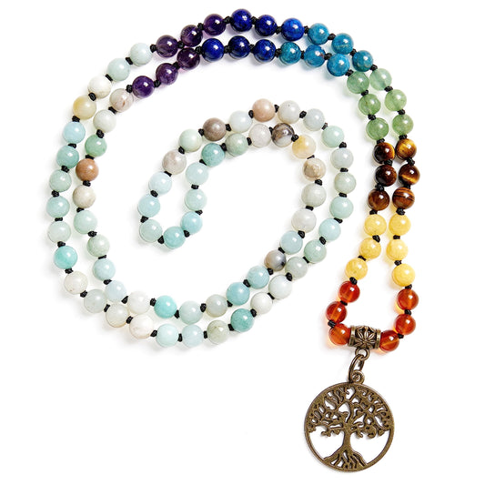 108 Mala Beads Necklace 7 Chakra Semi (6mm / Life Tree - Amazonite)
