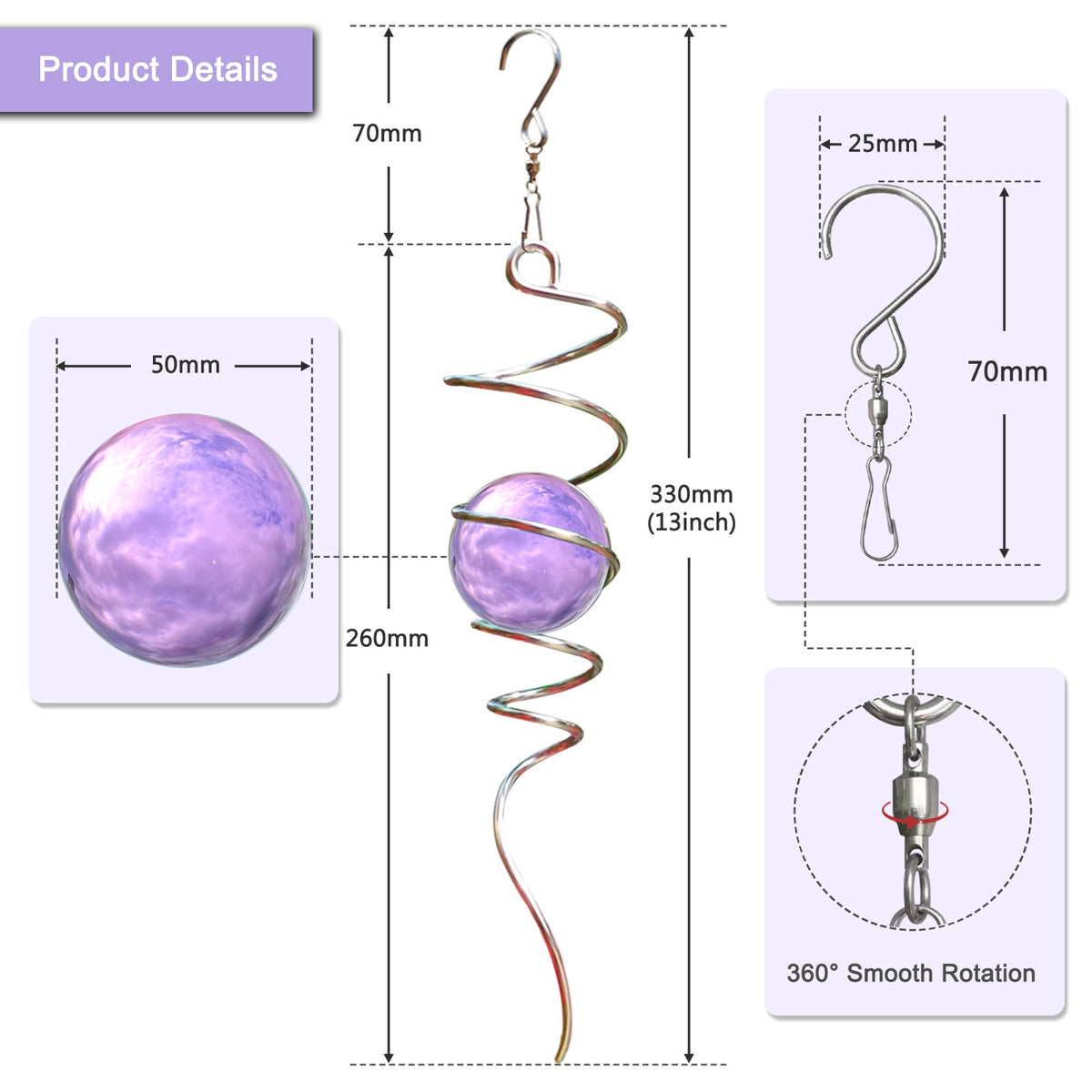 Gazing Ball Spiral Tail with Purple Glass Orb (Purple Glass Orb)