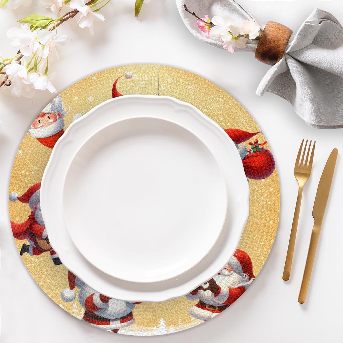 Christmas Woven Placemats Round Placemats Set of 6 for Festival Party (C 006 / 6 pieces)