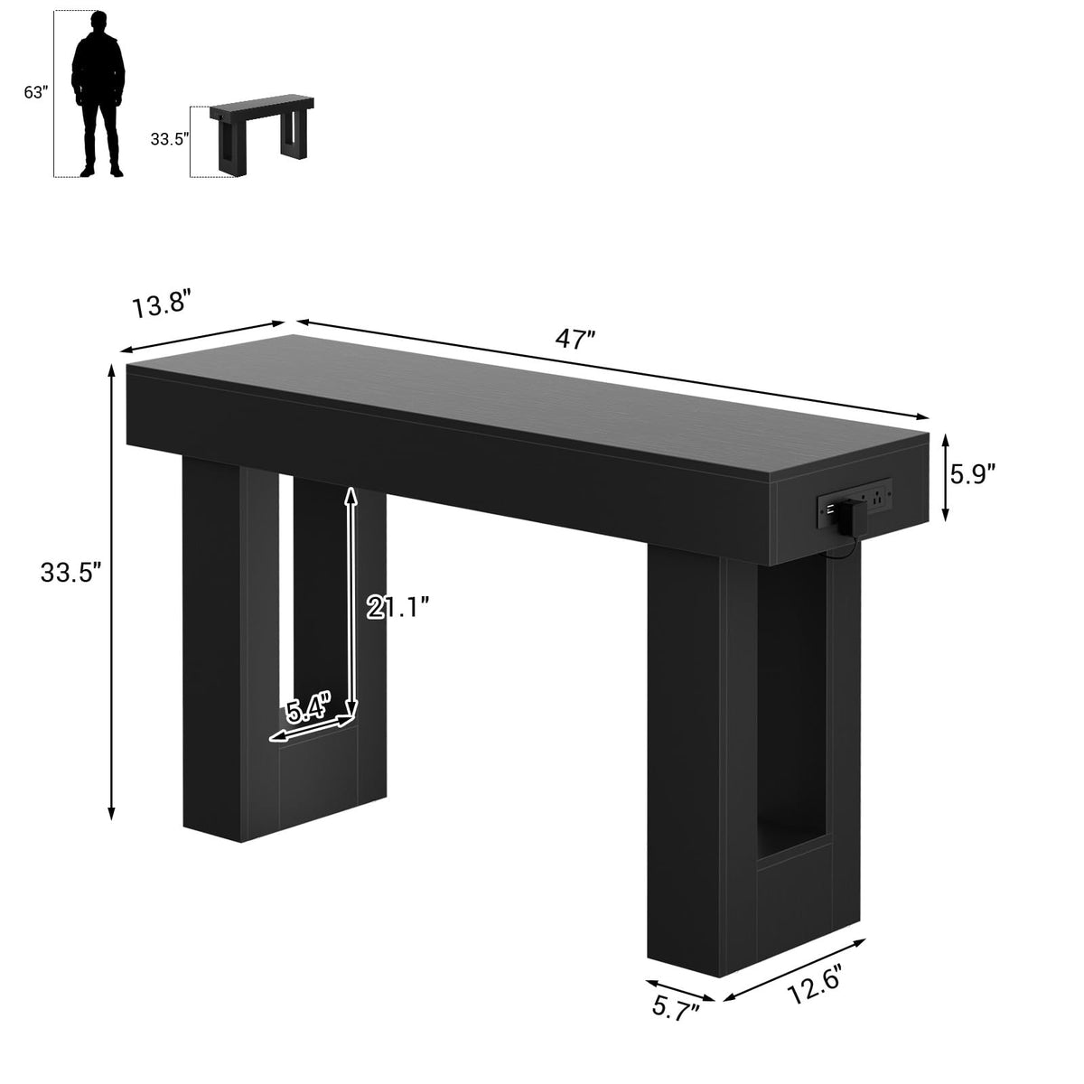 47" Entryway Table with Sensor Light & AC Outlets with USB (Black / 47IN)