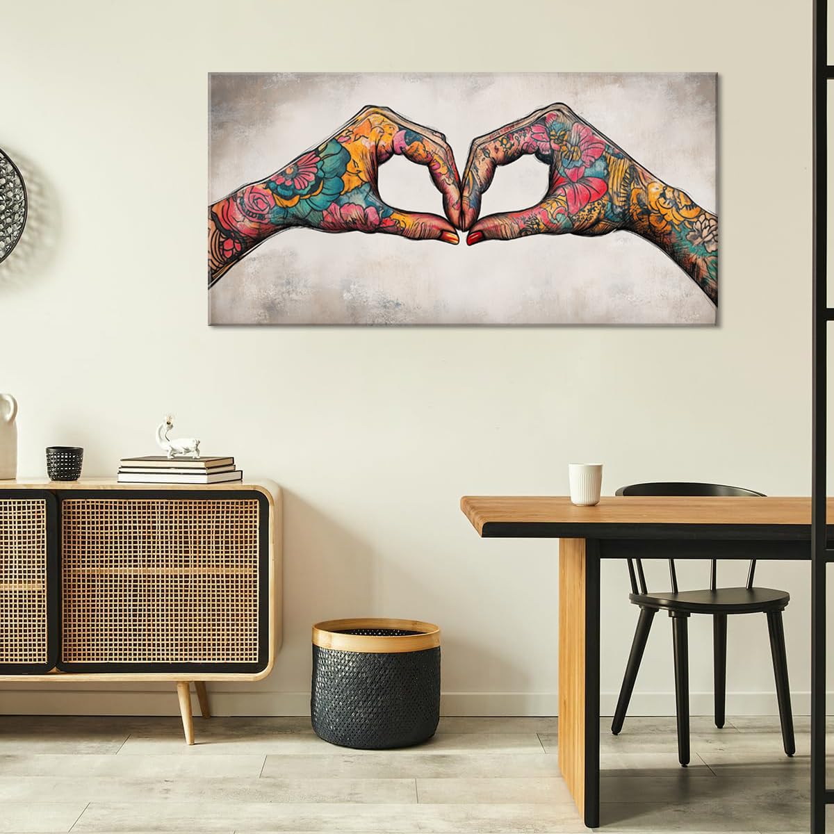 Colorful Two Tattooed Hands Heart Shape Wall Art for Living Room Office Romantic Gesture Contemporary Painting Prints Modern Canvas Artwork Dining Bedroom Decor Extra Large (Contemporary / Colorful TwoTattooed Hands Wall Art / 58"L x 28"W)