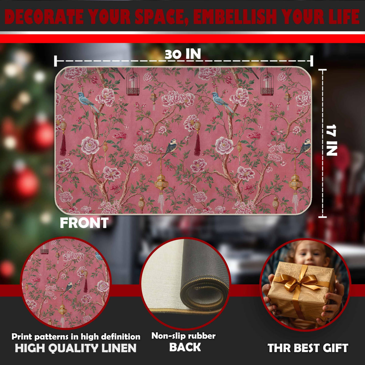 Pink Chinoiserie Bird Floral Door Mat (Pink)