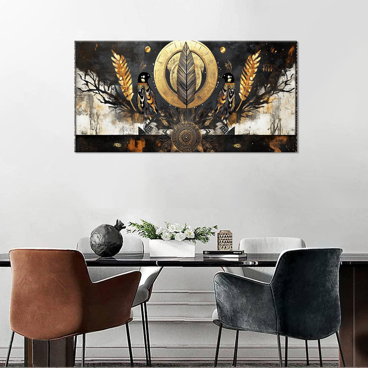 Gold Black Two Symmetrically Ravens Wall Art for Living Room Office Mystical Symbolic African Tribal Painting Prints Abstract Canvas Artwork Dining Bedroom Decor Extra Large (Abstract / Gold Black Two Ravens Wall Art / 58"L x 28"W)