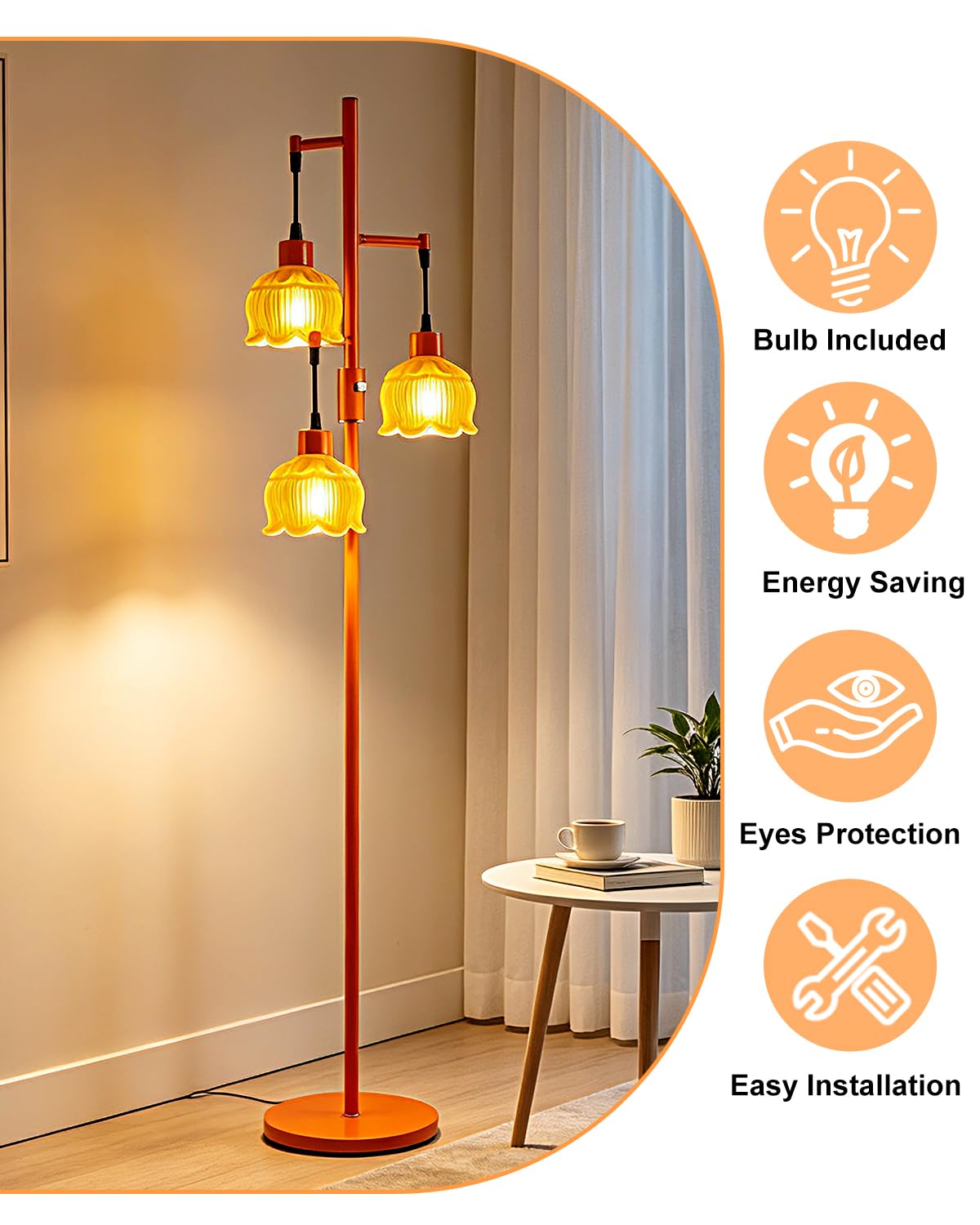 3 Light Lotus Floor Lamp 65'' Dimmable with Orange Glass Shade & E12 Bulbs Included (3 Orange Cloche Hat-Orange)