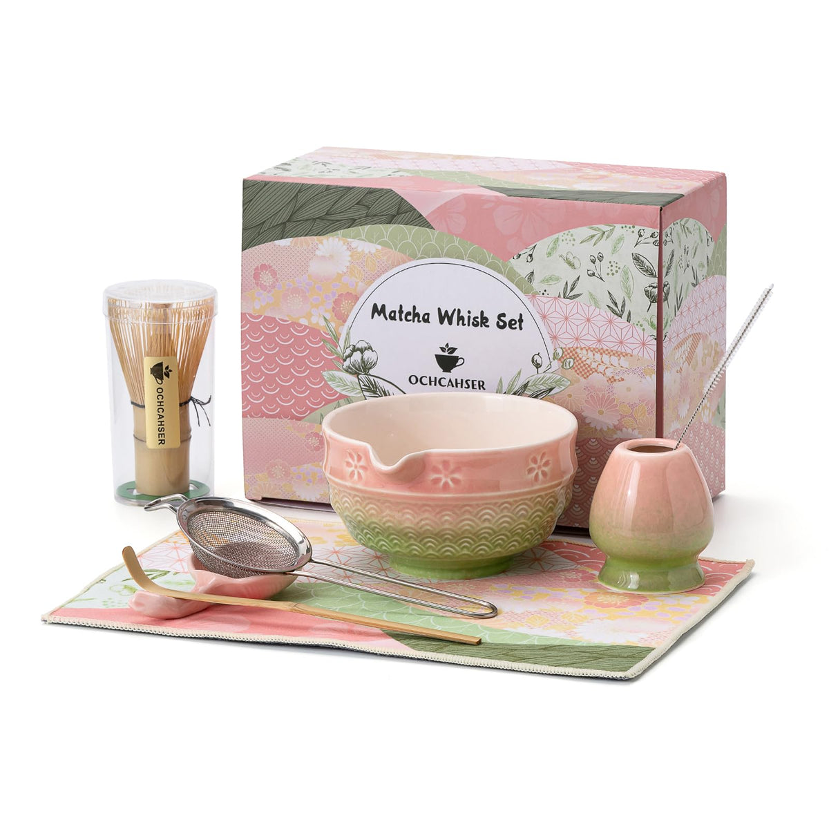 8 Pcs Matcha Whisk Set. Matcha set includes matcha bowl with Cherry Blossom (Pink-Green)