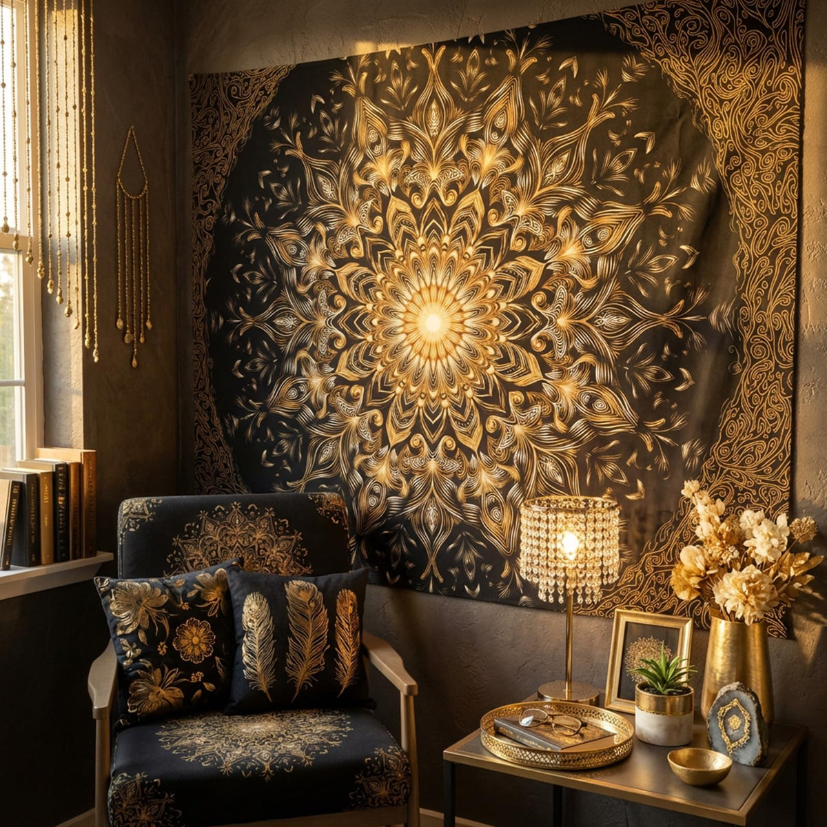 Tapestry Black Gold Luxury Mandala Tapestries Gothic Palace Tapestries Elegant Wall Tapestry Bedroom Dormitory Living Room Decoration 80"x60" (80"L x 60"W / Black Golden)