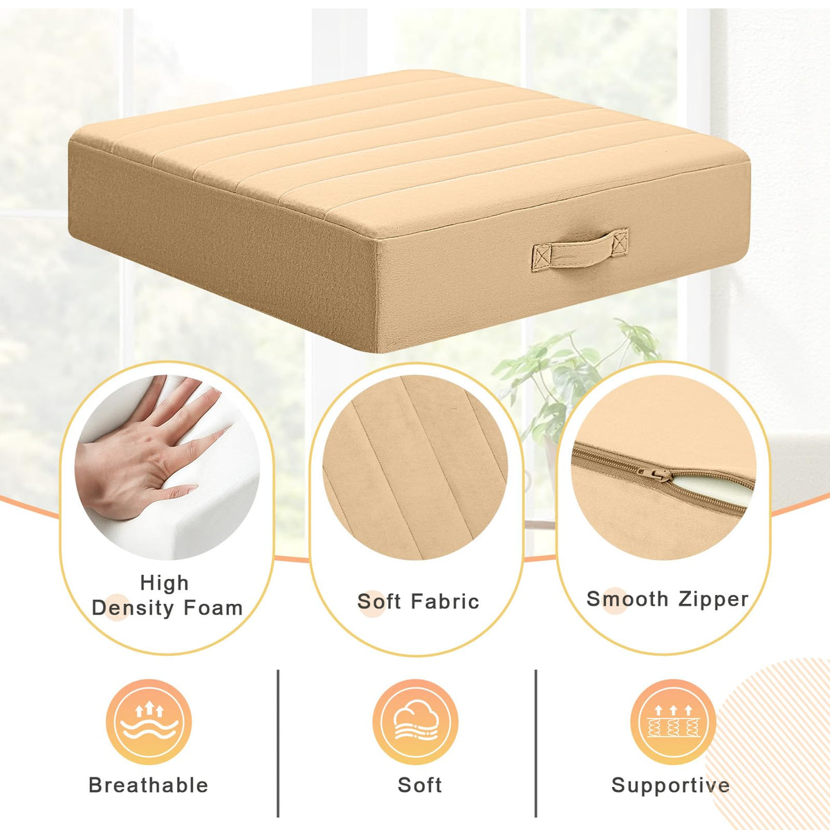 Square Floor Pillow for Adults Kids (22 Inch / Khaki)
