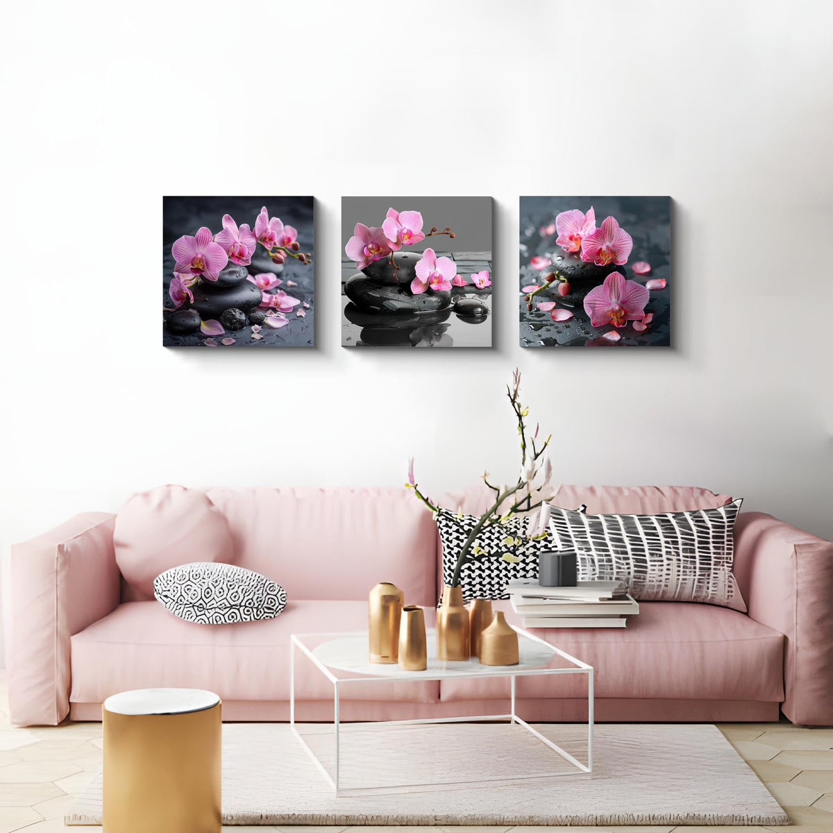 3PCS Zen Spa Canvas Wall Art Pink Orchid Flower and Black Massage Stones Print Modern Botanical Floral Artwork Relaxation Theme Wall Decor for Bathroom Bedroom Home Spa Salon Decor (14X14inchX3pcs / Pink Orchid and Black Massage Stones)
