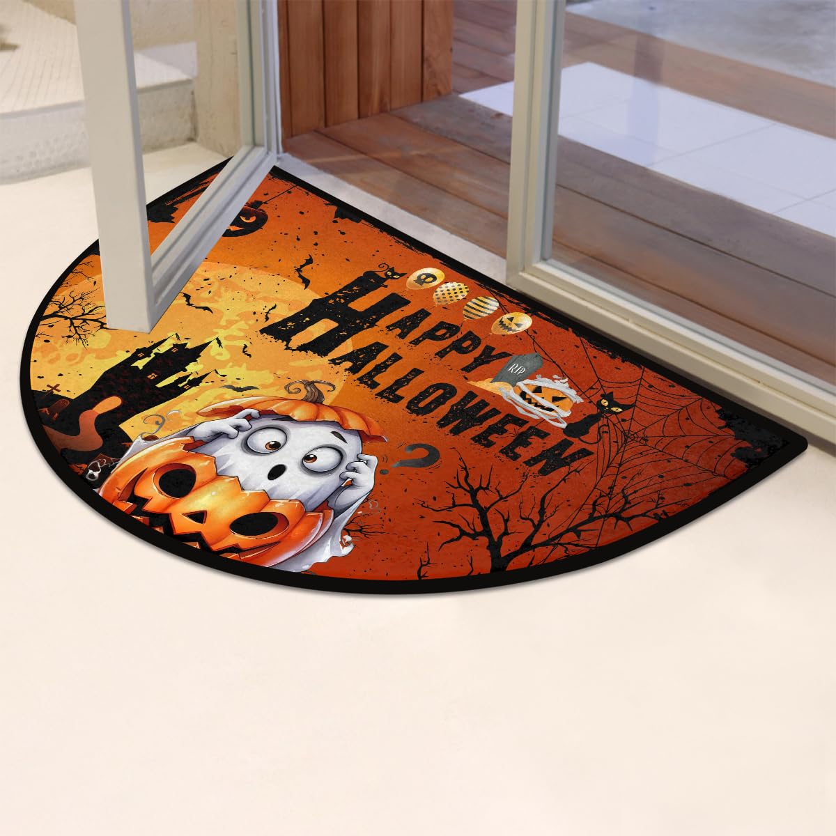 Halloween Ghosts Pumpkin Half Round Door Mat Non Slip Washable Halloween Semi Circle Area Rug Absorbent Soft Pumpkin Half Moon Rug Floor Mat for Indoor Kitchen Bathroom Patio Front Door Mat Decor (C1)