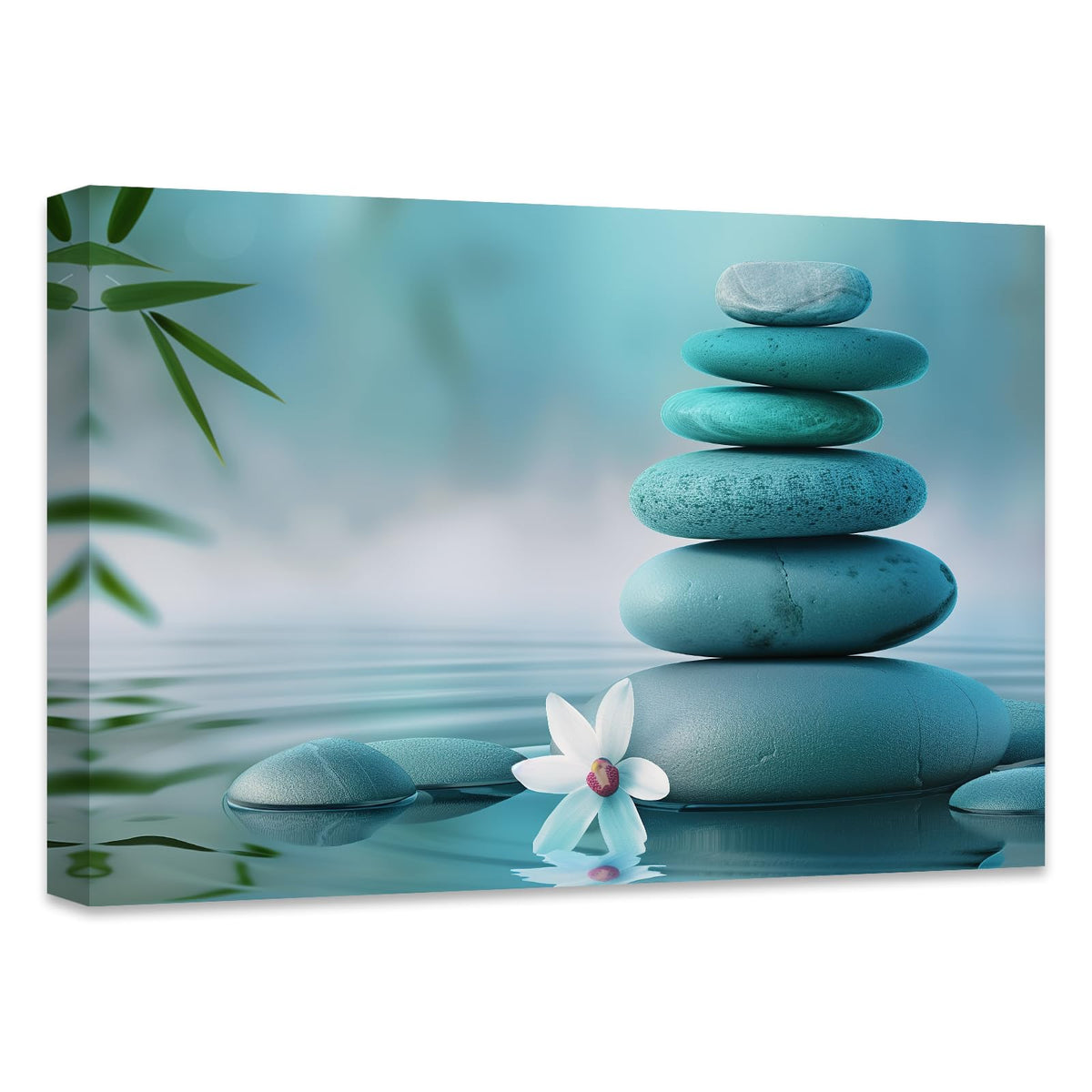 Zen Canvas Wall Art Teal Wall Decor Spa Water Pictures Zen Stone Bathroom Decor White Flowers Prints for Meditation Yoga Spa Artwork Framed (12"L x 18"W)