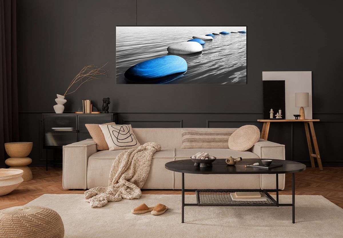 Blue Zen Stone Canvas Print Wall Art 30x60 Inch (60"L x 30"W / Blue7)