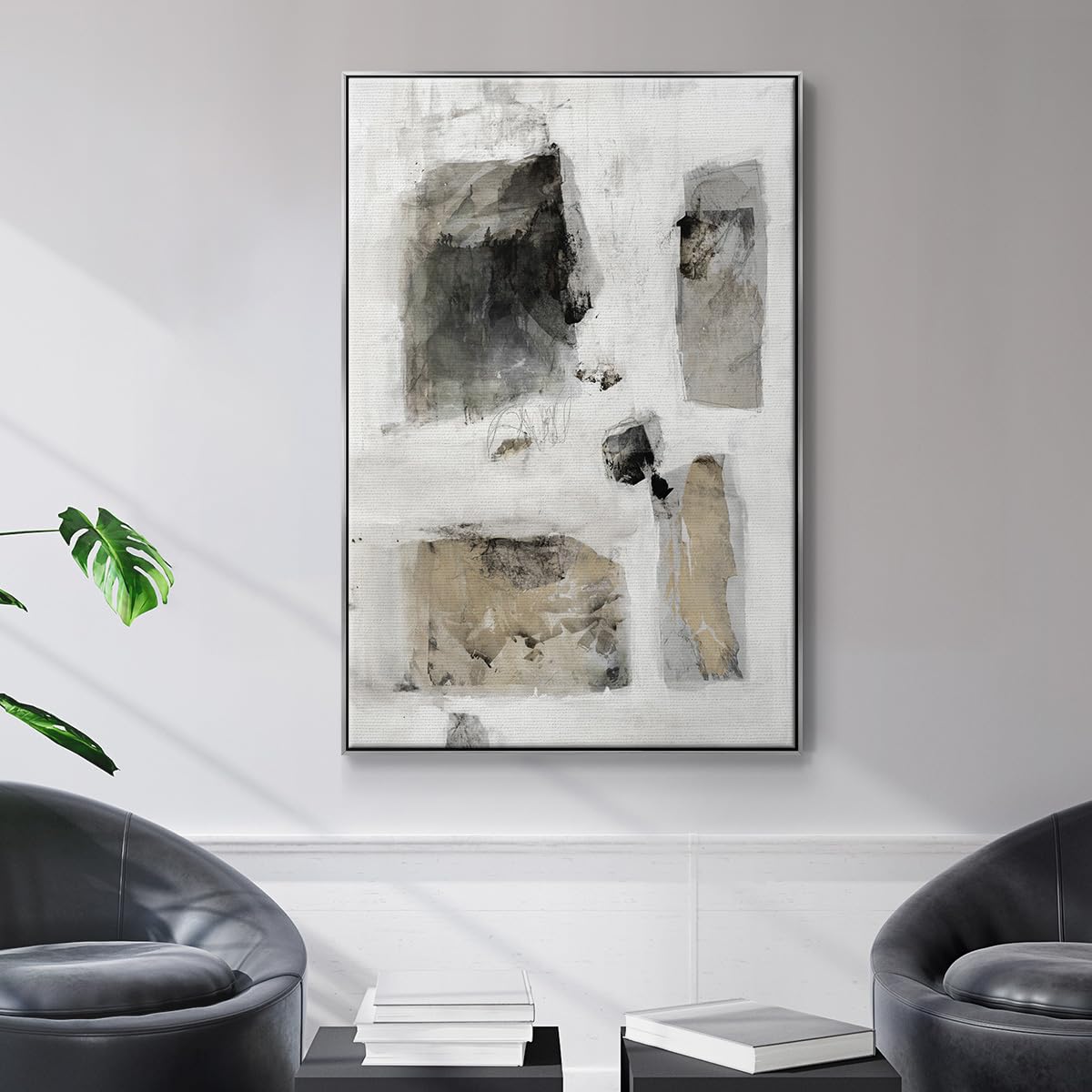 Canvas Home Decor Paintings Rustic Stone Wall Patterns Abstract Silver Floater Frame Wall Prints for Living Room Kitchen Office (37"L x 25"W / A Simple Love I V30)