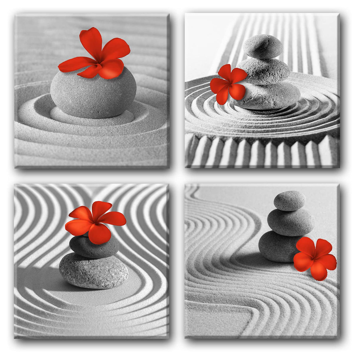 Bathroom Decor Zen Decor Gray Wall Art Red Floral Wall Pictures Black and White Wall Art Flower Zen Stone Sand Pebble Canvas Print Artwork for Bedroom Living Room Home Wall Decoration (zen red grey / 12"L x 12"W x 4 pcs)