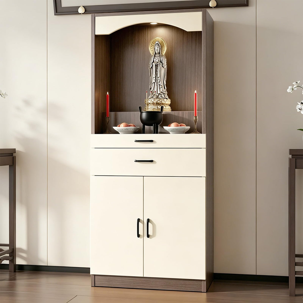 Solid Wood Altar Table (Beige + Light Brown Wood / 43.3" x 15.7" x 65.4")