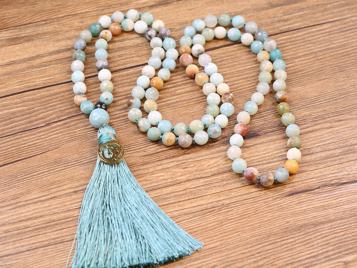 OM Charm Hand Knotted Tassel 108 Mala Beads Amazonite Stone Beaded Necklace 8mm (8mm / Faceted Amazonite)