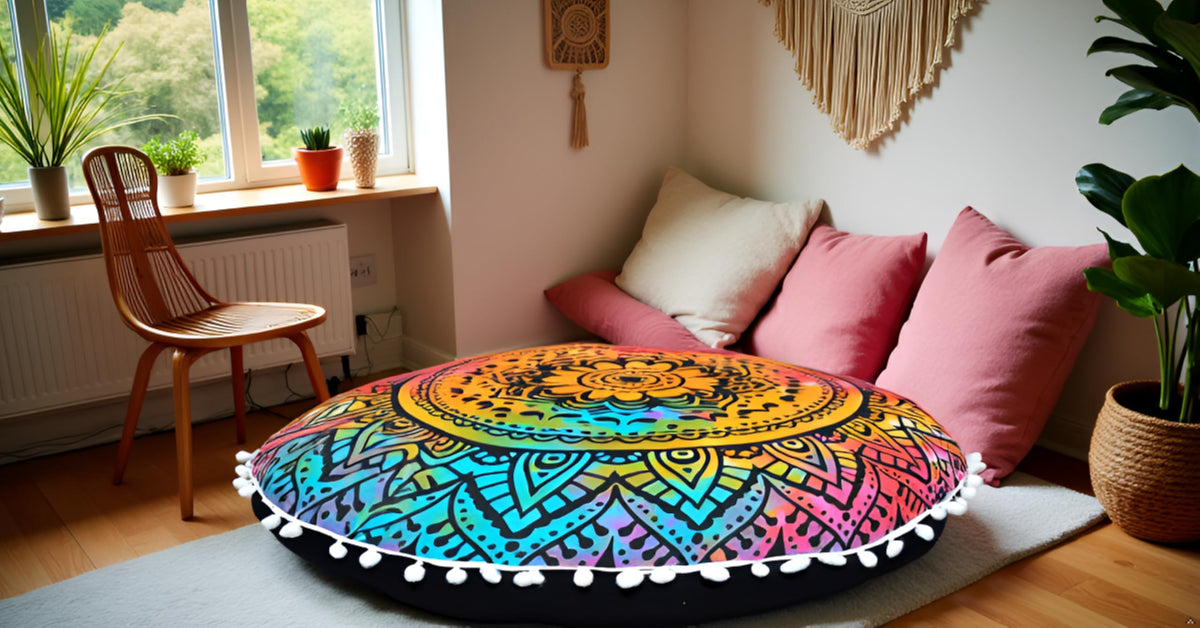 Round Mandala Boho Pillow Cover Meditation India Room Seating Poufs Cover for Living Room Yoga Room Home Décor Bedroom Balcony Garden Decoration Cotton Floor Cushion Cover 22" (22" / Multi Flower)