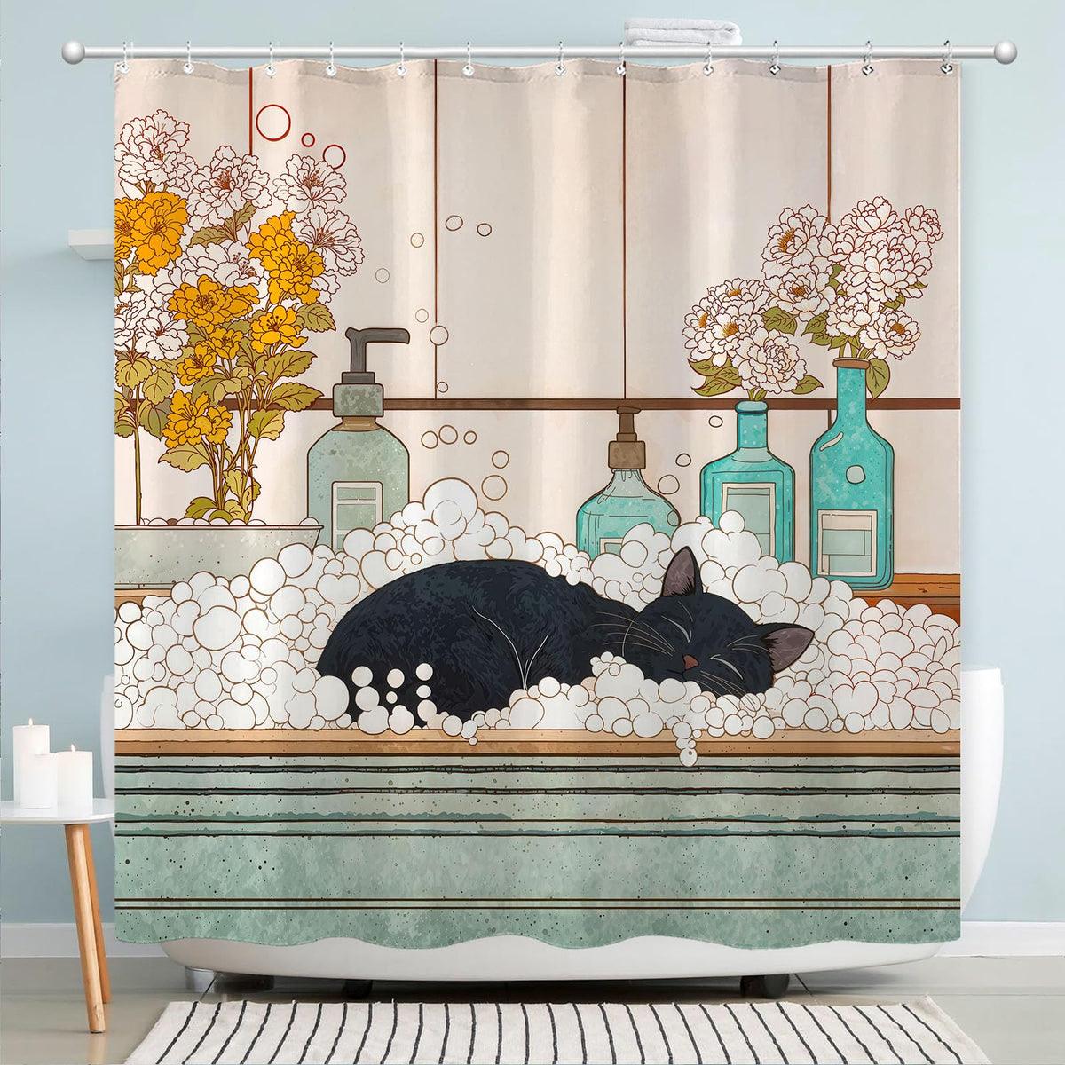 Peaceful Cat Shower Curtain Set Sleeping Feline Art Waterproof Bathroom Shower Curtain Serene Window Scene Print Cozy Home Decor 72x72 Inch (72"W x 72"L (Pack of 1) / Rose Gold)