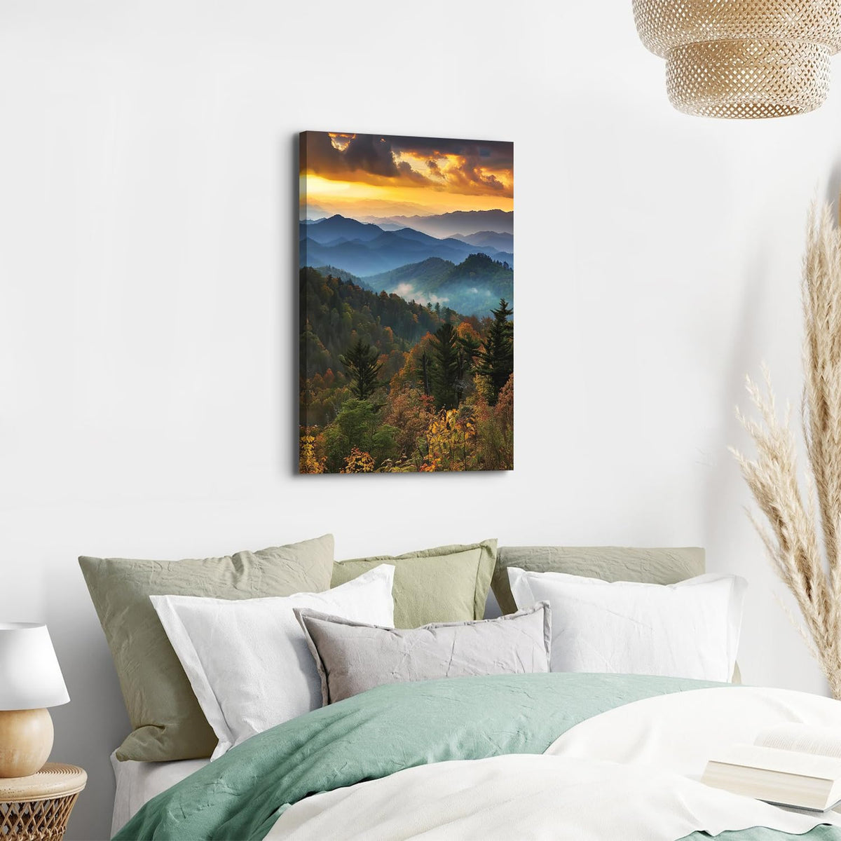 Great Smoky Mountains Wall Art National Park Picture Landscape Canvas Decor Sunset Forest Painting Vintage Mountain Landscape Artwork Framed for Living Room Bathroom Office Home Decoration 16x24” (16"L x 24"W / ZRSJ05)