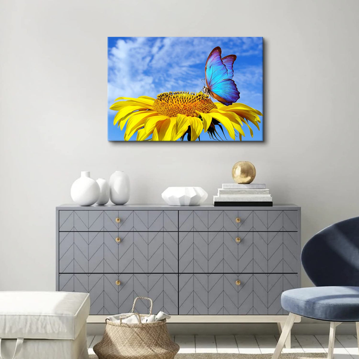 Sunflower Wall Art Bathroom Decor Blue Butterfly Canvas Pictures for Bedroom Sunflower Wall Decor Floral Posters Living Room Kitchen Home Decoration Yellow Sunshine Flower Painting Modern Artwork (24"L x 16"W / Sunflower Butterfly)