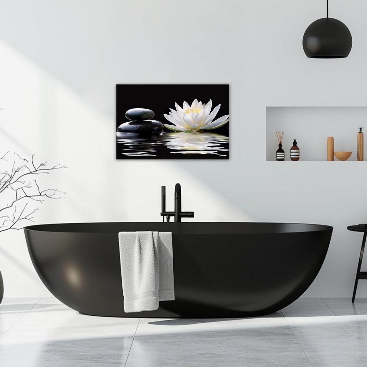 Black And White Zen Wall Art Lotus With Spa Stone In Water Painting Print Minimalist Serenity Decor for Bathroom Bedroom Meditation Room (Artwork 07 / 18"L x 12"W)