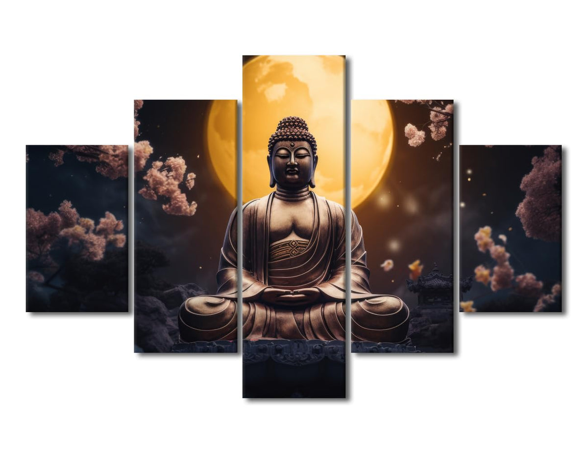 Canvas Wall Art Modern Buddha Painting Art Decor Buddha Statue Surrounded By Trees Poster Prints on Canvas 5 Panel Canvas Art for Bedroom Office Decor Stretched and Framed Ready to Hang 60x40 in (60x40 in / 5PANEL-11)