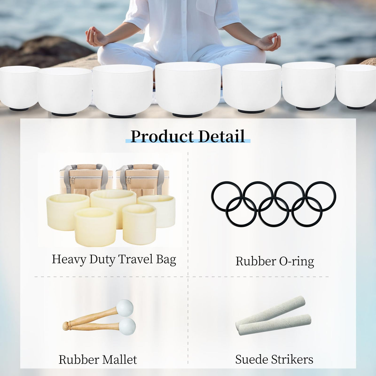 7pcs Crystal Singing Bowl Set 432Hz for Meditation Yoga Healing (6-12inch 432hz White 7pcs)