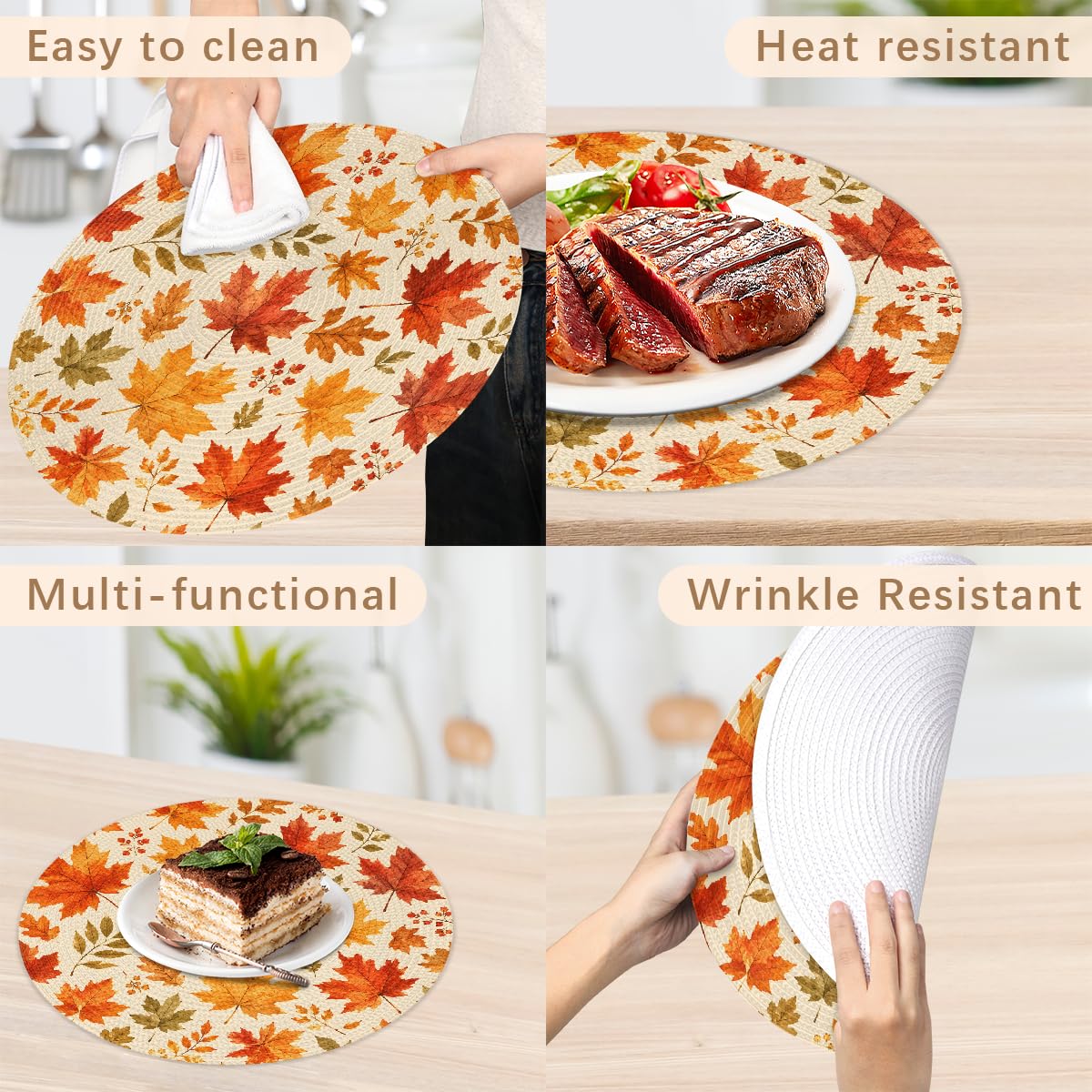 Fall Maple Leaves Woven Placemats Round Placemats Set of 4 for Festival (B 008 / 4 pieces)
