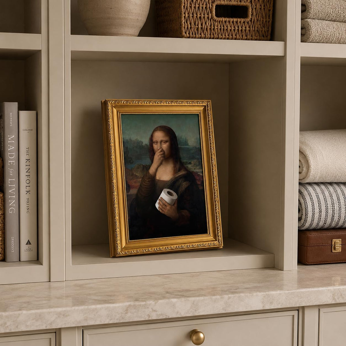 Gold Framed Bathroom Wall Art Mona Lisa Humor Amusing Toilet Art Pinching Nose Wall Decor Funny Vintage Painting Picture Print Whimsical Restroom 9x11 inch Small Framed (Mona Lisa / 11L" x 9W")
