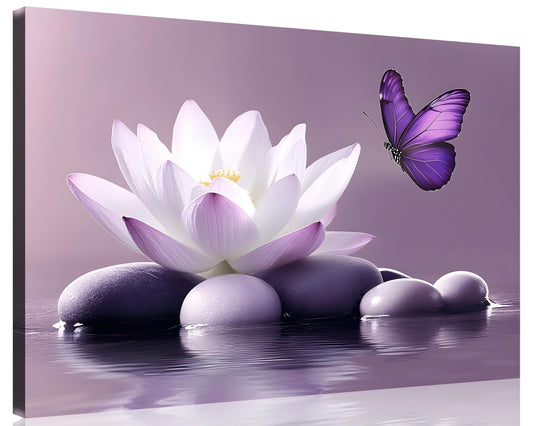 1 Panel Purple Wall Art Purple Pictures Wall Decor Zen Stone Water Lily and Butterfly on the Lake Pictures Poster Spiritual Yoga Spa Painting for Living Room Bedroom (40"L x 30"W / Purple Zen)