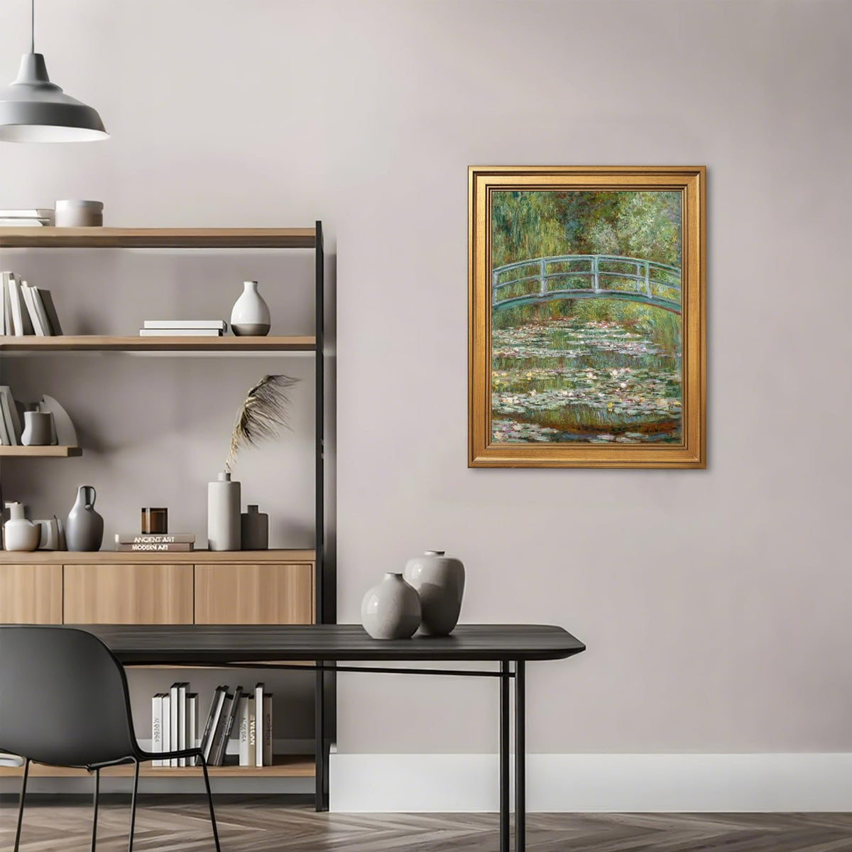 Gold Framed Bridge over a Pond of Water Lilies by Claude Monet Poster Impressionist Wall Art Prints Classic Nature Landscape Oil Painting Reproduction French Canvas Pictures Artwork Decor 16x20inch (16"L x 20"W / Bridge)