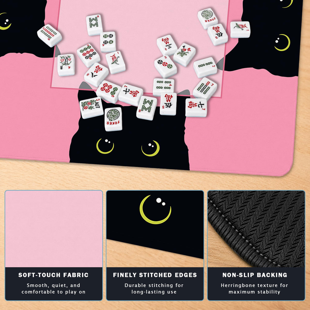 Funny Black Cat Pink Mahjong Mat for Table (Black Cat)