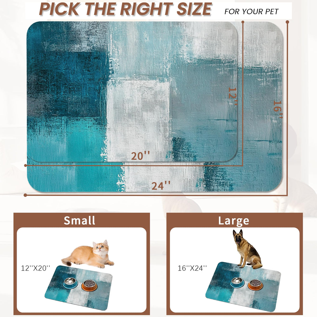 Turquoise Grey Dog Cat Food Mat (20"L x 20"W / Turquoise Grey Teal Modern Art)
