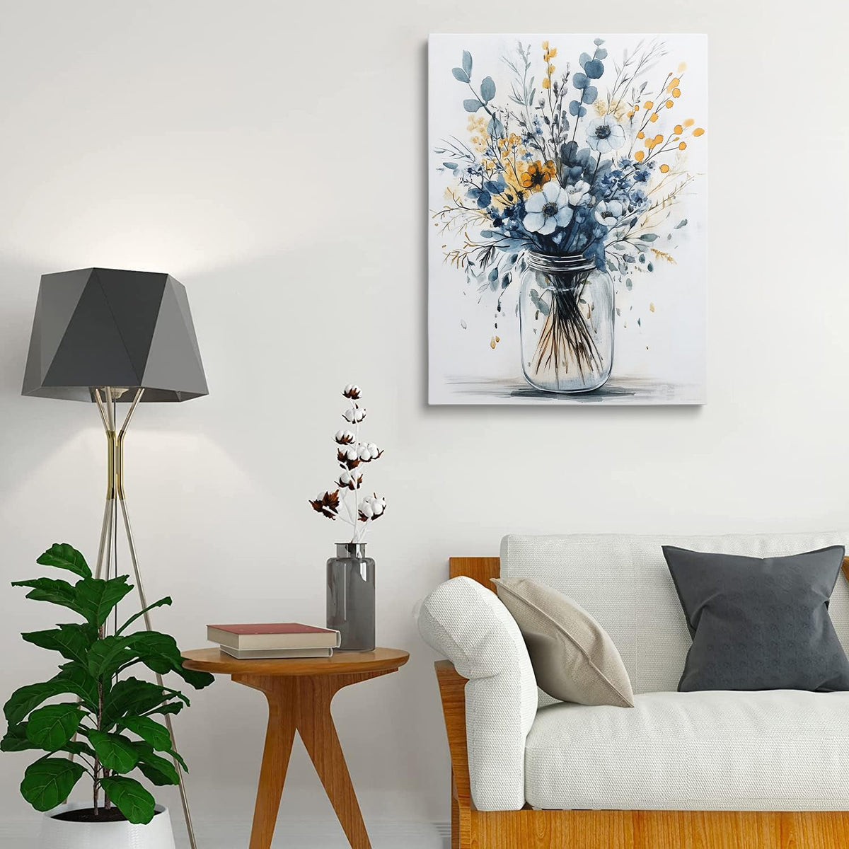 Framed Navy Blue Prints Vintage Daisy Floral Picture Wall Decor Gift Modern Poster Retro Simple Rustic Flower Canvas Wall Art Wildflower Painting for Living Room Bathroom Artwork (Floral / 24"L x 16"W)