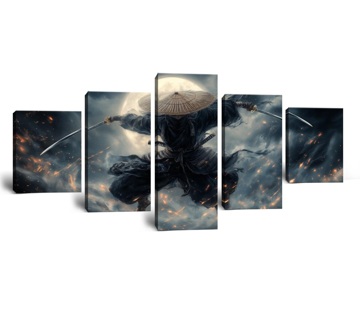 Anime Wall Art Japanese Culture Theme Black and White Japan Samurai Painting Warrior Figure Pictures Canvas Print Bushido Posters Artwork for Bedroom Bathroom Office Living Room Framed 50''W x 24''H (50"Wx24"H / Samurai 5P-25)