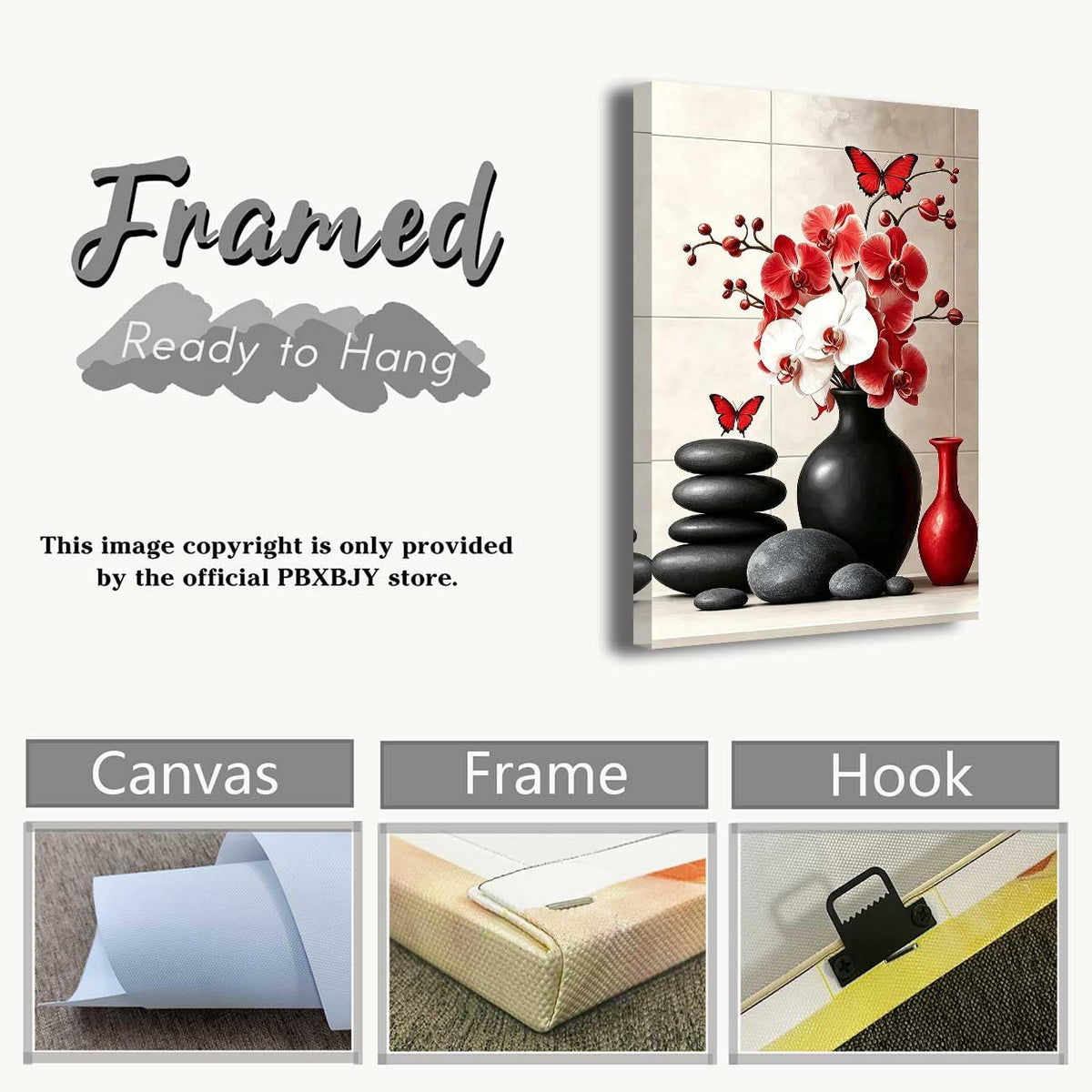 Orchid Flower Canvas Wall Art Zen Bathroom Pictures Prints Spa Stone Butterfly Wall Decor Black White Yoga Meditation Paintings for Living Room Bedroom (Red / 20"L x 16"W)