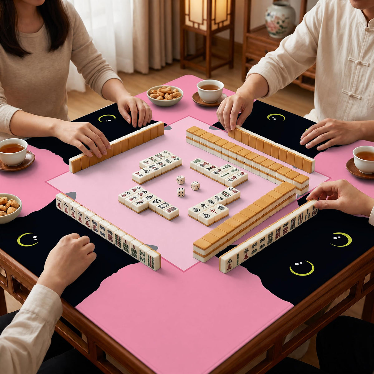 Funny Black Cat Pink Mahjong Mat for Table (Black Cat)