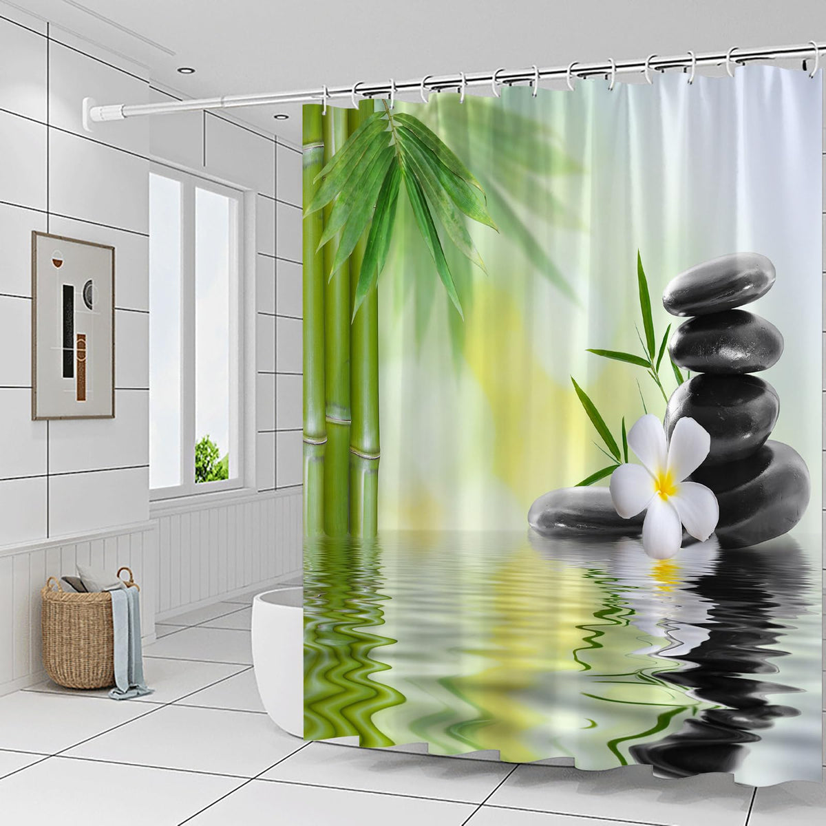 Zen Garden Shower Curtain Spa Green Bamboo Black Stone White Flower Bathroom Decor Supplies Shower Curtains Sets Machine Washable Polyester Fabric 70 x 74.8 Inch with Hooks (Black Green White / 70"W x 74.8"L (Pack of 1))