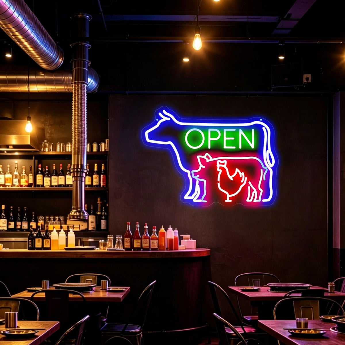 BBQ Open LED Neon Sign Farm Animal Butcher Shop Wall Decor (BBQ OPEN)